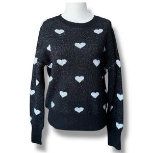 RW&CO. Black and White Crew Neck Sweater with Heart Pattern